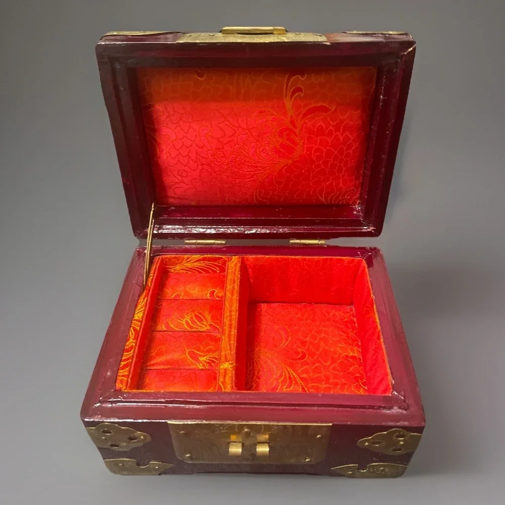 Vintage Asian Wooden Jewelry Box Ornate Brass Carved  Green  Jade Top Silk Lined